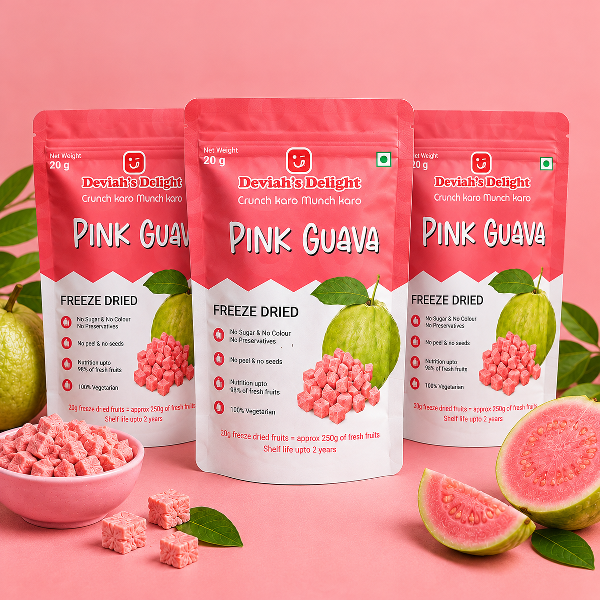 Deviah's Delight Pink Guava Freeze-Dried Cubes - 20g per pack (Pack of 3)