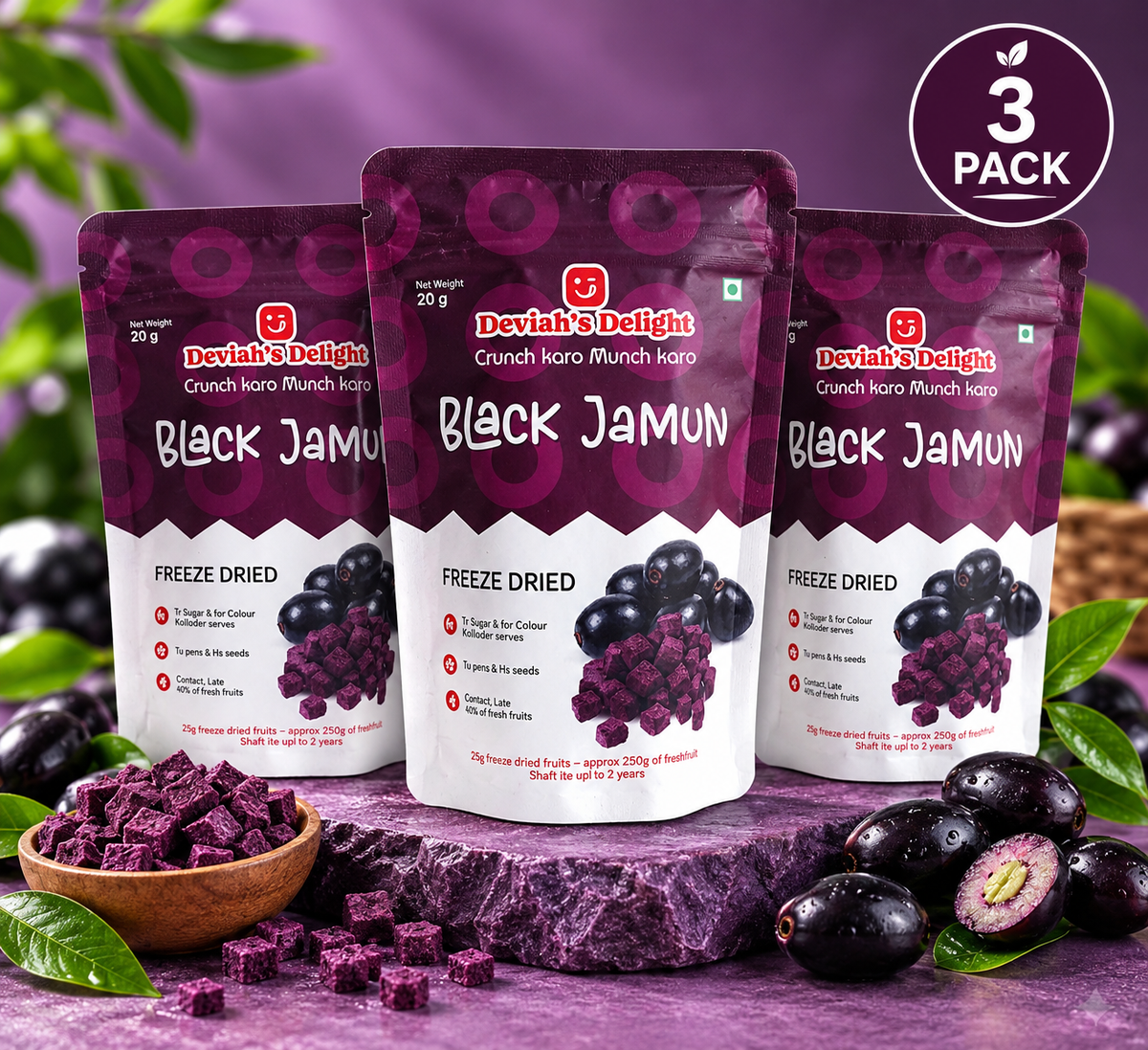 Deviah’s Delight Black Jamun Freeze-Dried Combo – 20g per pack (Set of 3)