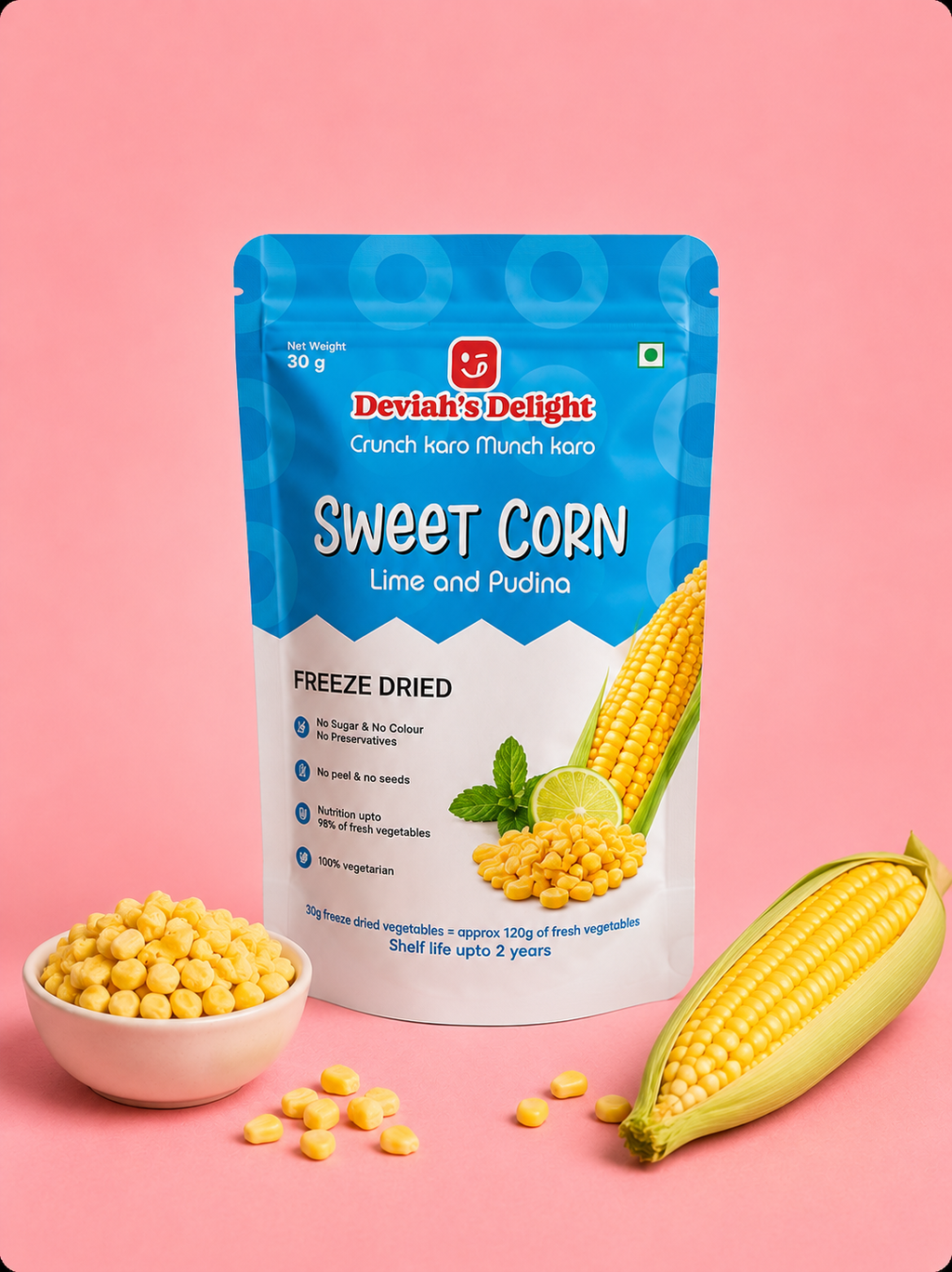Deviah's Delight Sweet Corn Lime & Pudina Freeze-Dried - 30g per pack (Pack of 1)