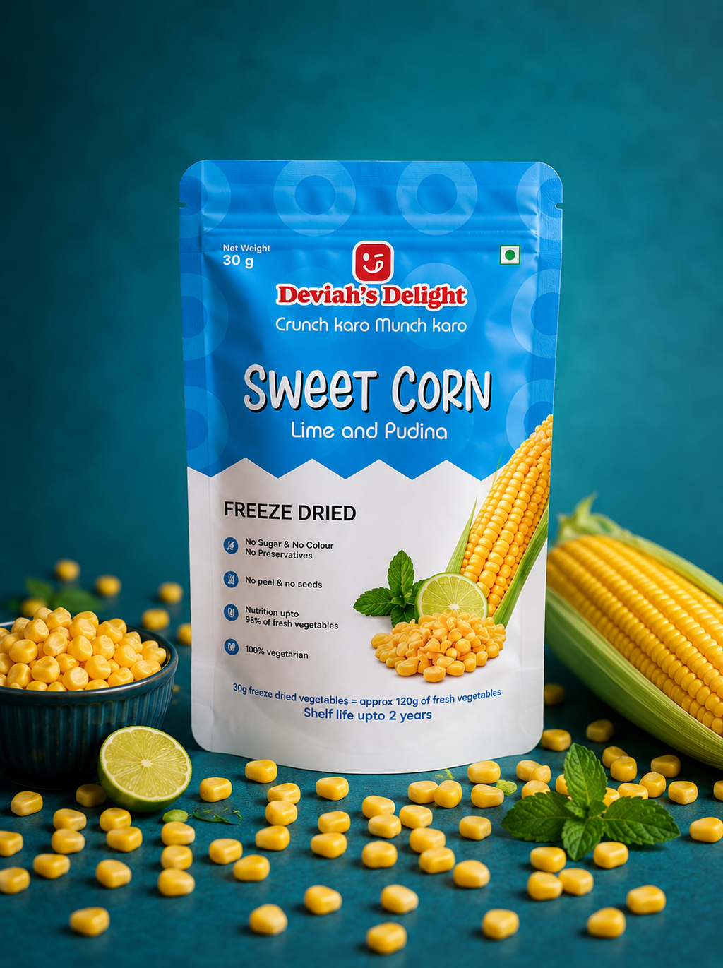 Deviah's Delight Sweet Corn Lime & Pudina Freeze-Dried - 30g per pack (Pack of 1)